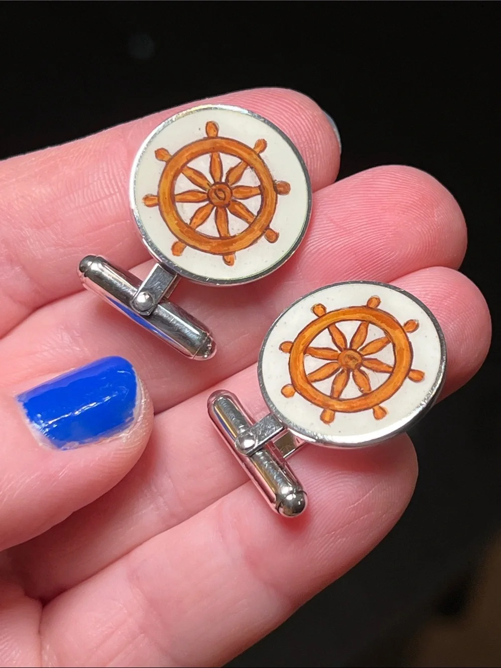 VTG Italian Handpainted Nautical Ship Wheel Enamel Sterling Silver Cufflinks